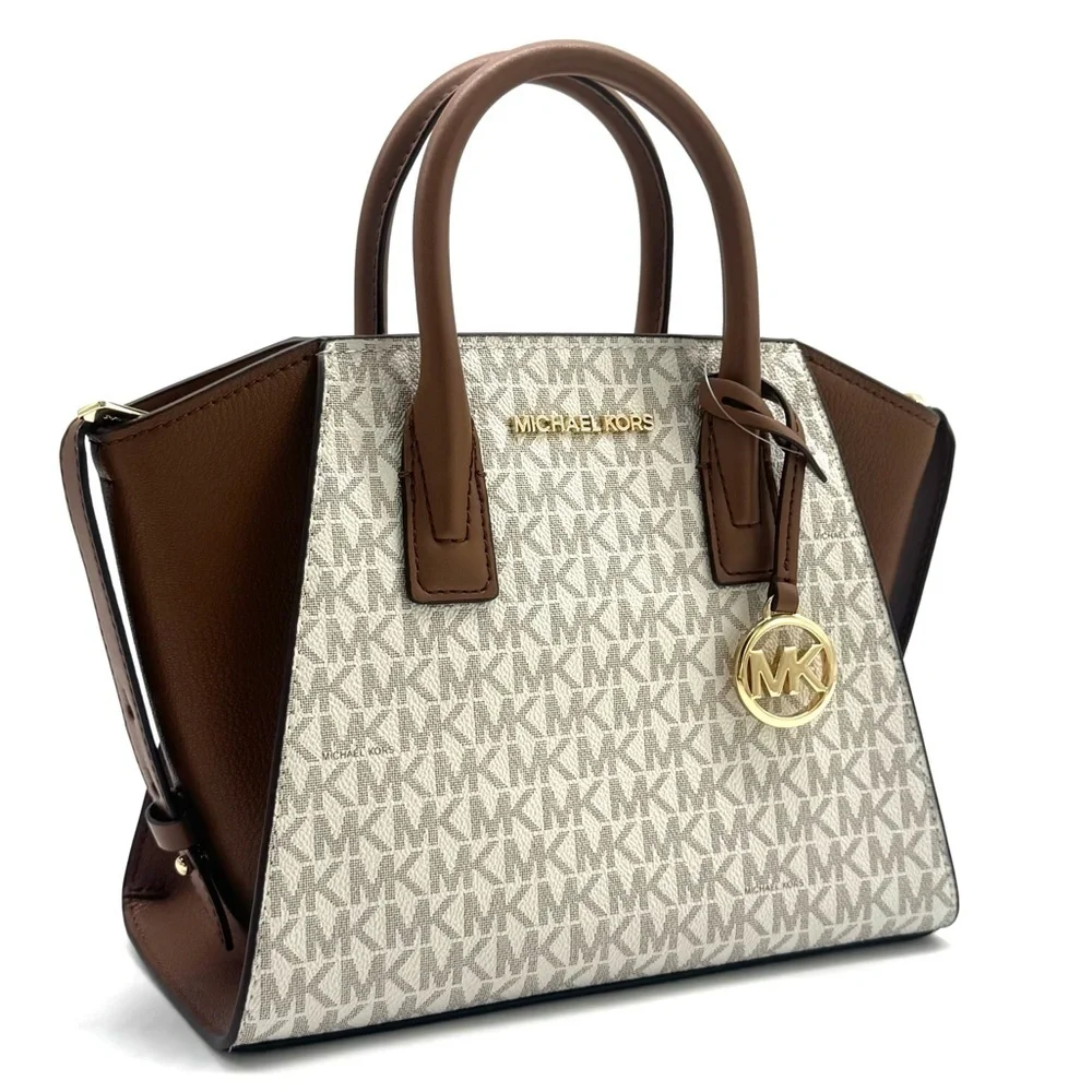 Michael Kors Avril Small Logo and Leather Satchel Bag Vanilla/Brown